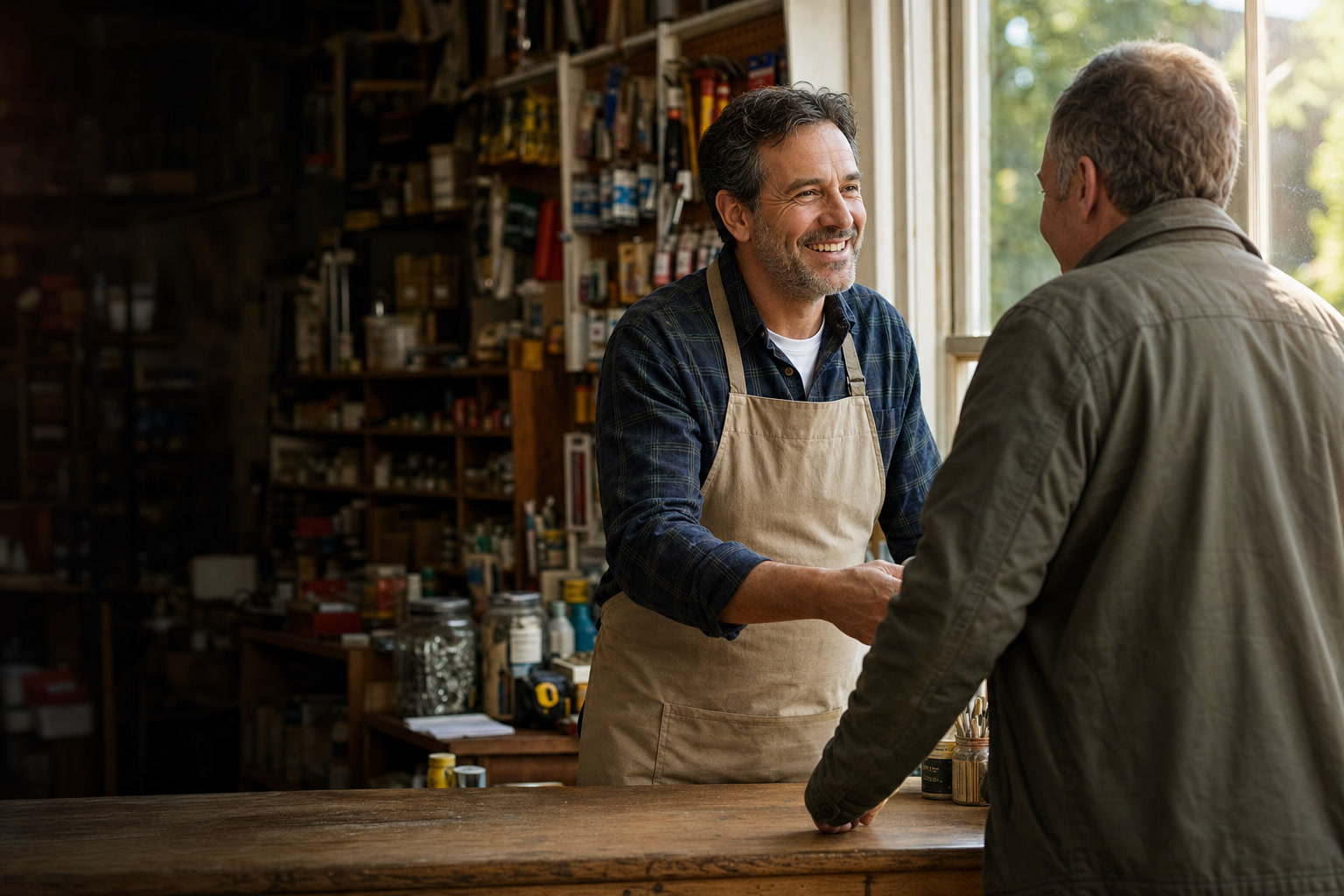 Local business owner having a warm conversation with a returning customer
