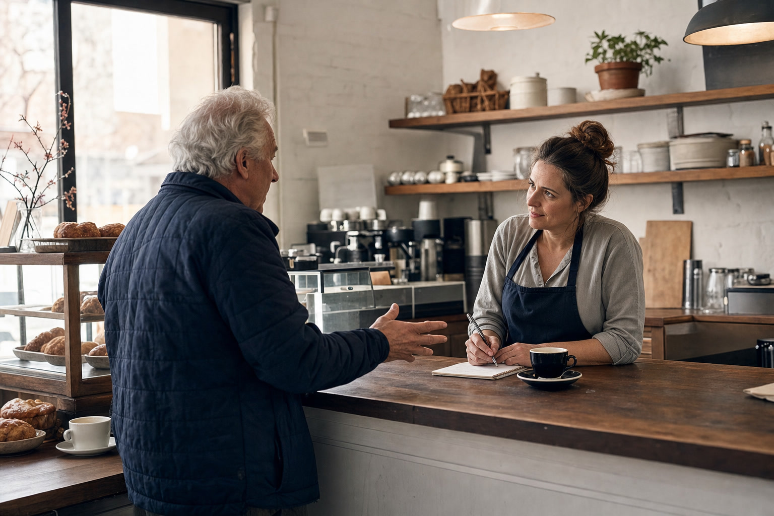 Cafe owner listening to an older regular customer and taking a note