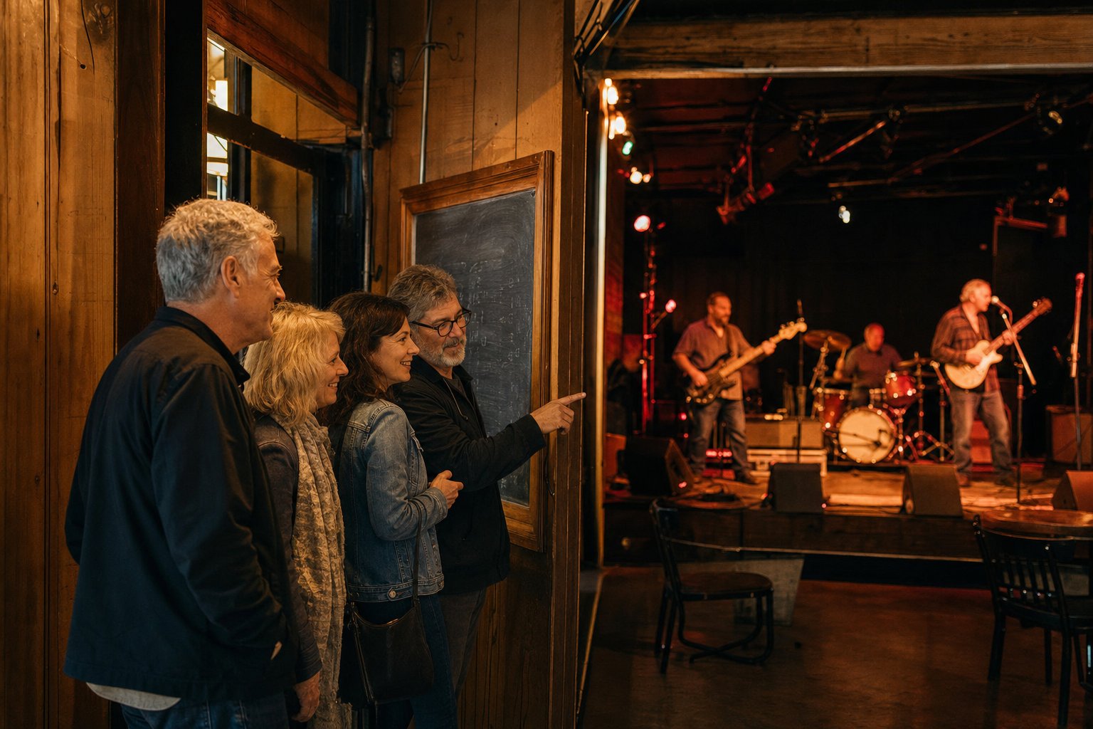 Friends checking a venue calendar while a local band performs