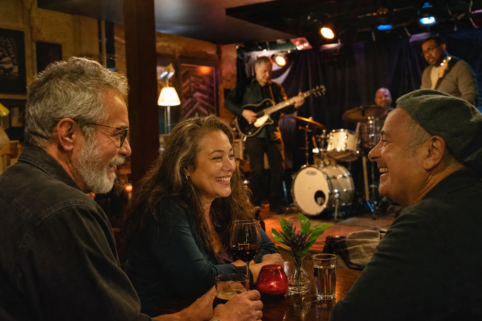 Friends enjoying a local band from a small listening room table
