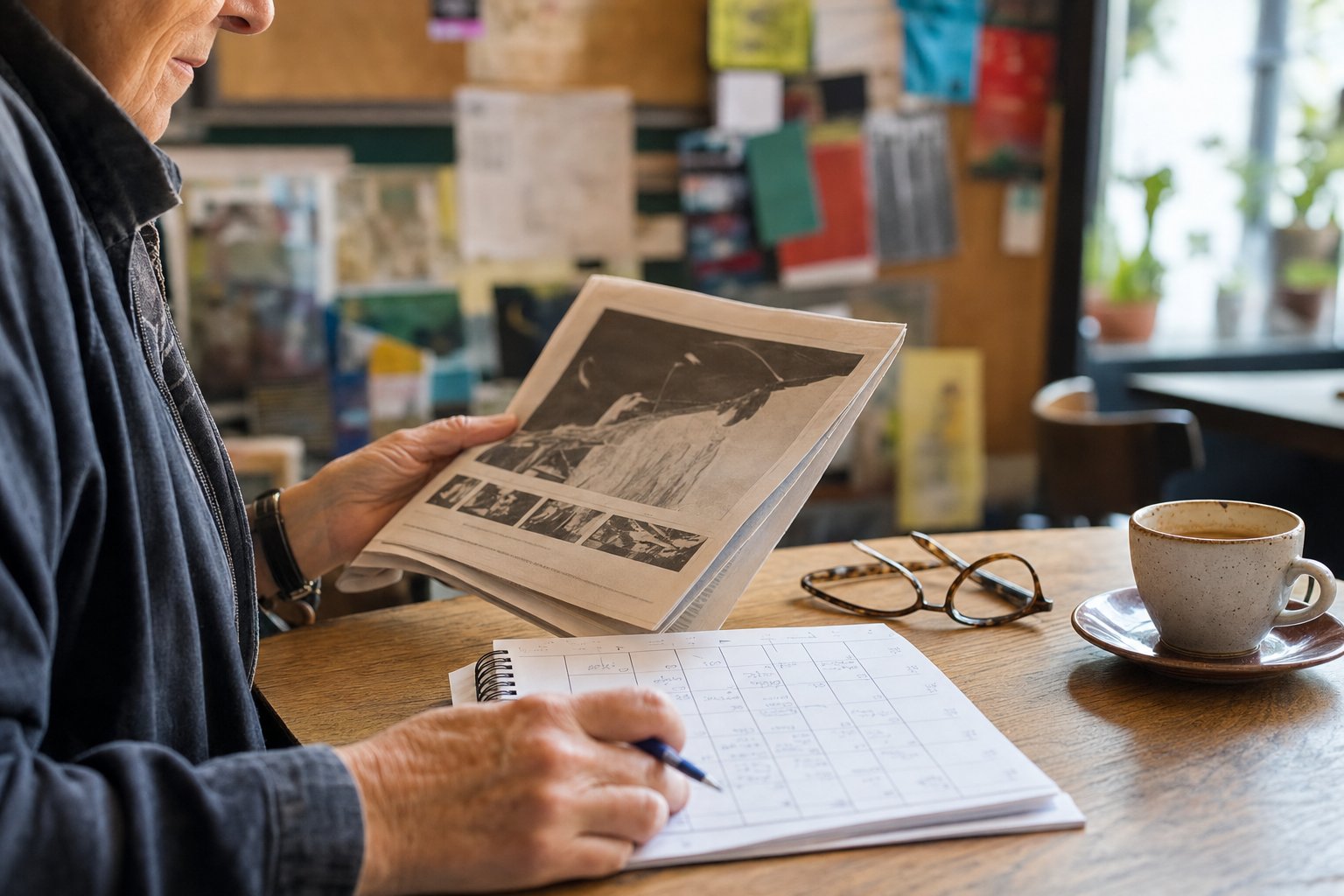 Person planning a night out with a local events calendar at a cafe table