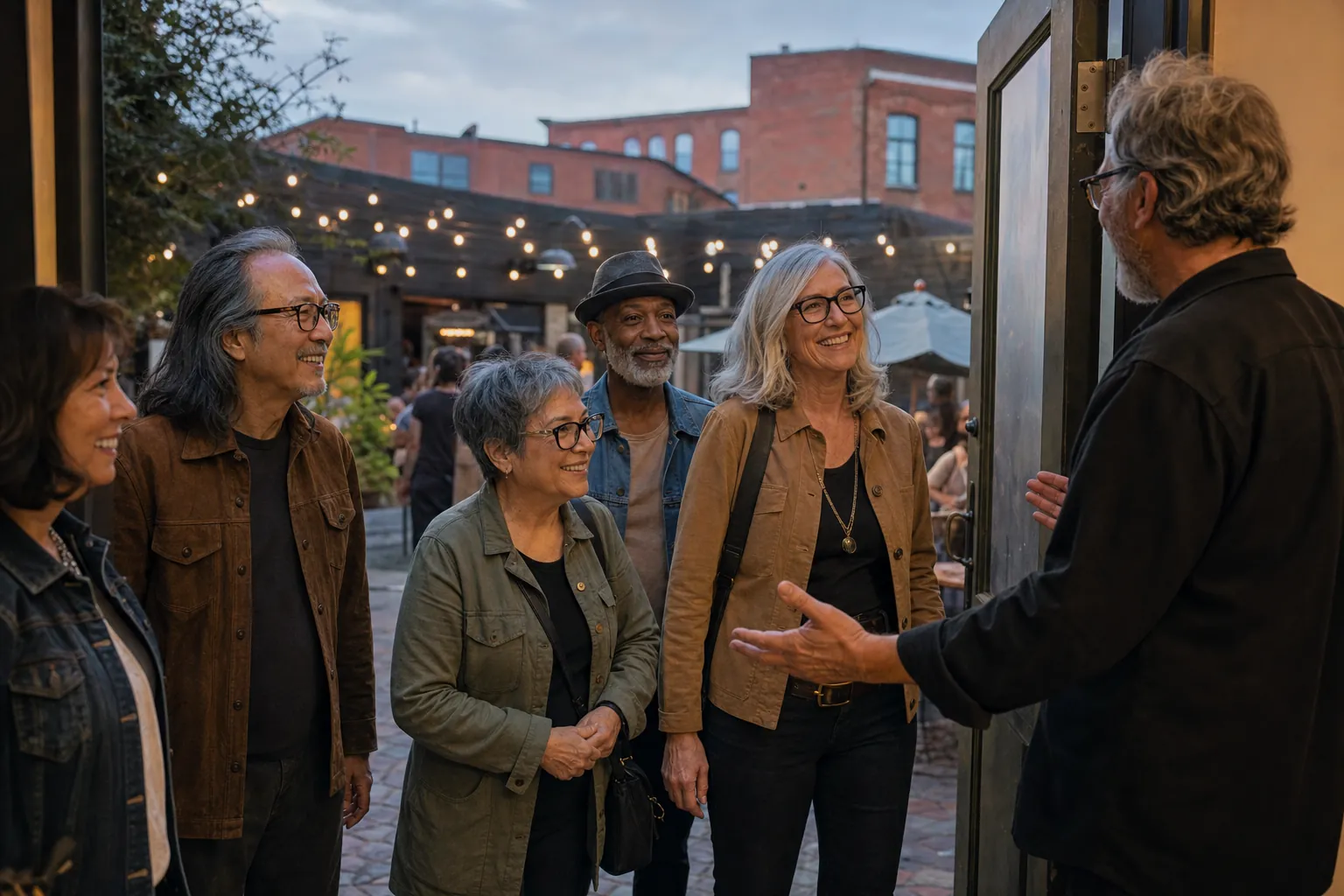 Neighbors gathering outside a small business for a community event