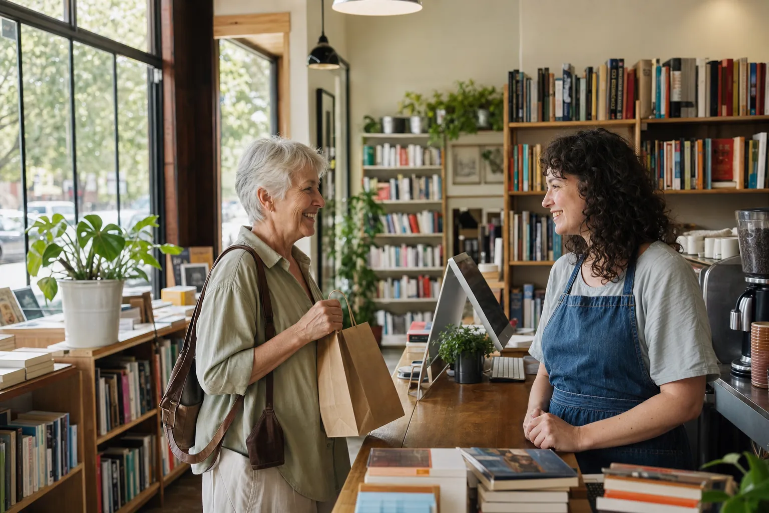 Customer talking with an independent bookstore owner