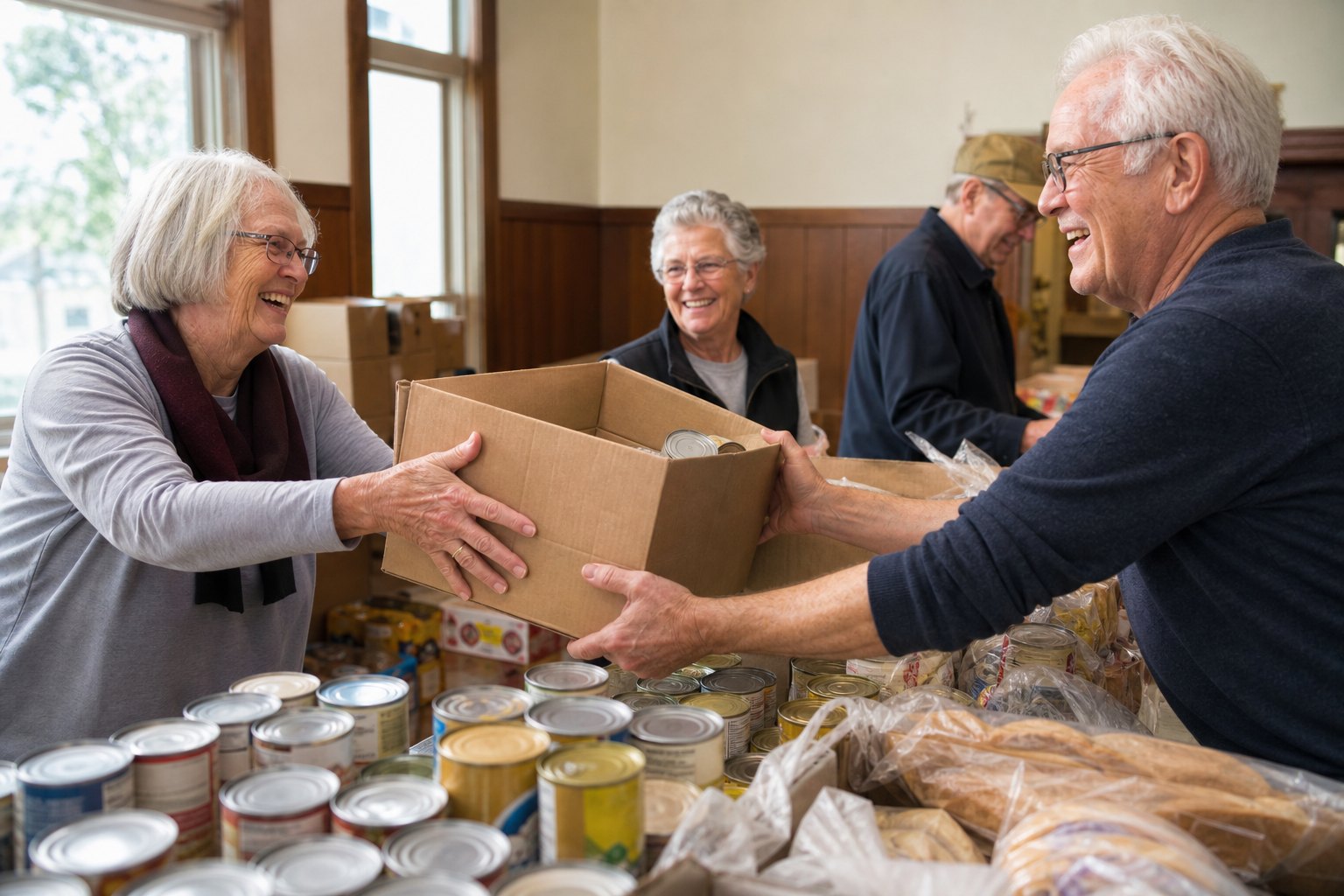Older adults sharing a laugh while volunteering at a local food drive