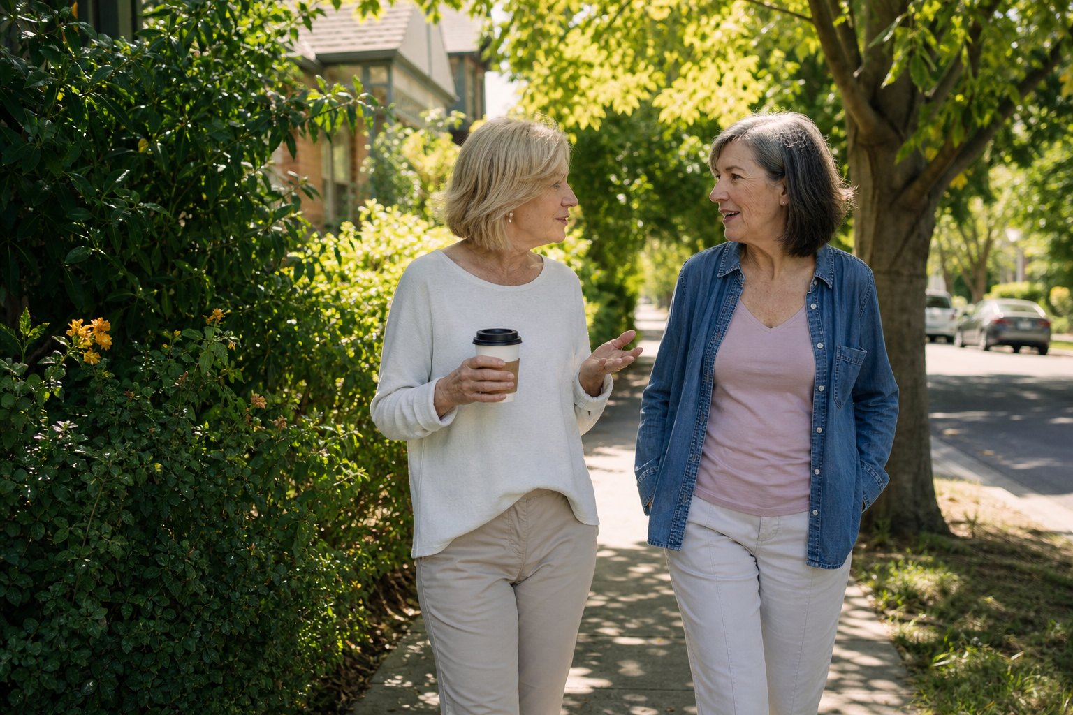 Two older friends talking during a relaxed walk through their neighborhood