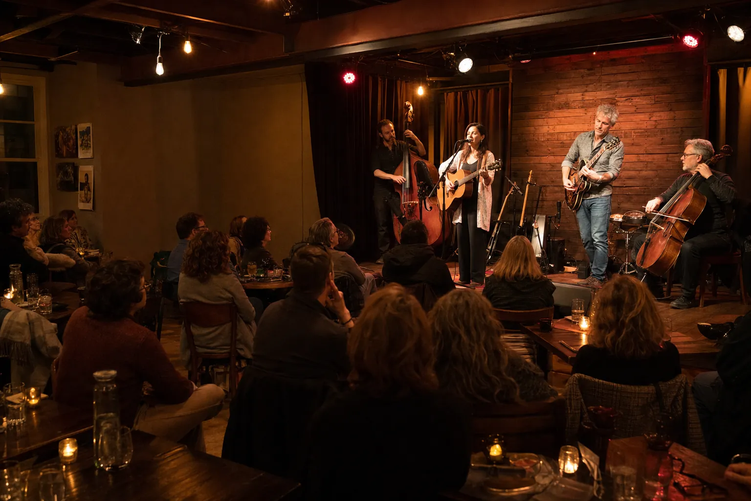Local band performing for an attentive audience in a small music venue