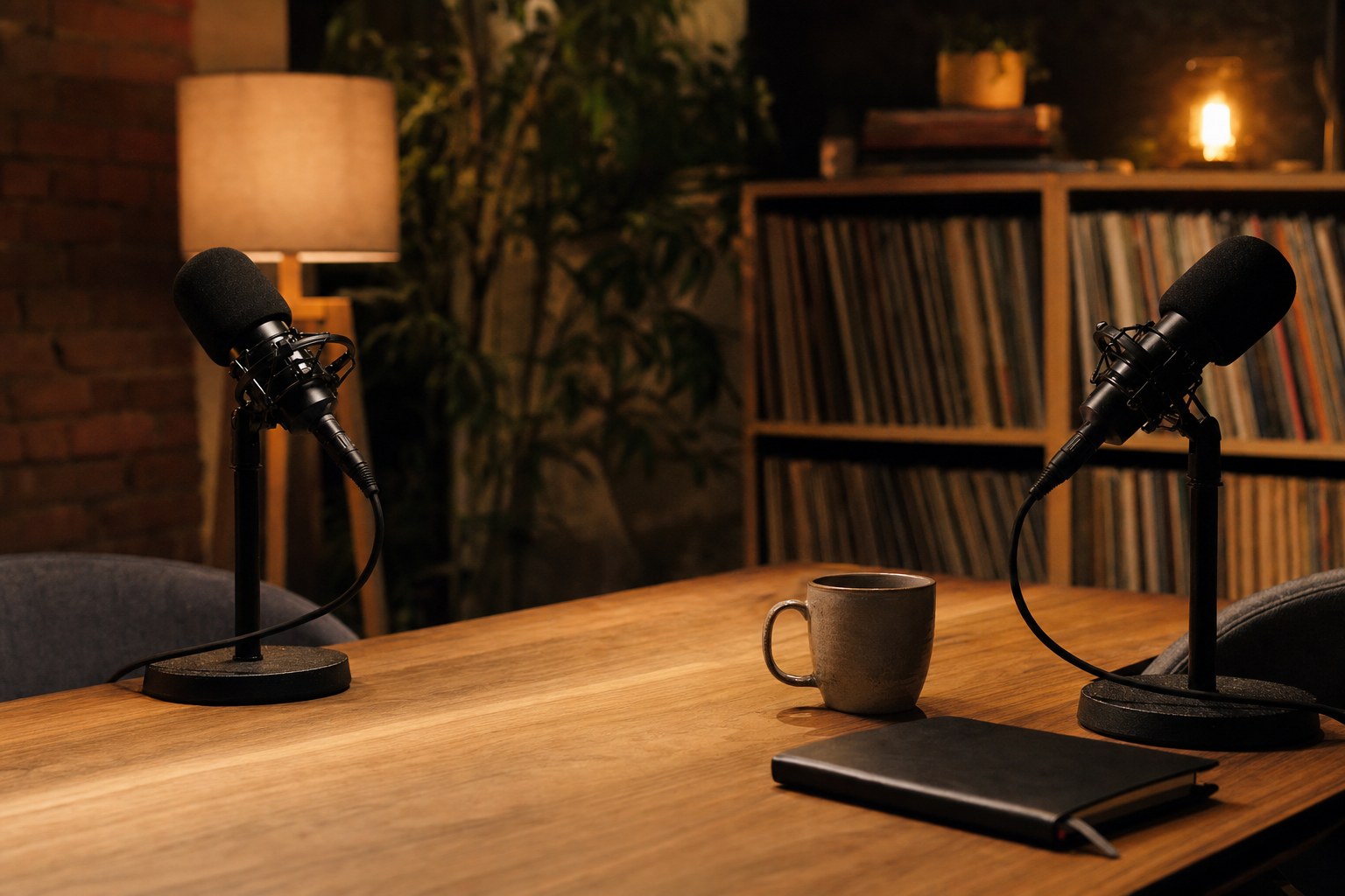 Two microphones, coffee mug, and closed notebook after a podcast recording