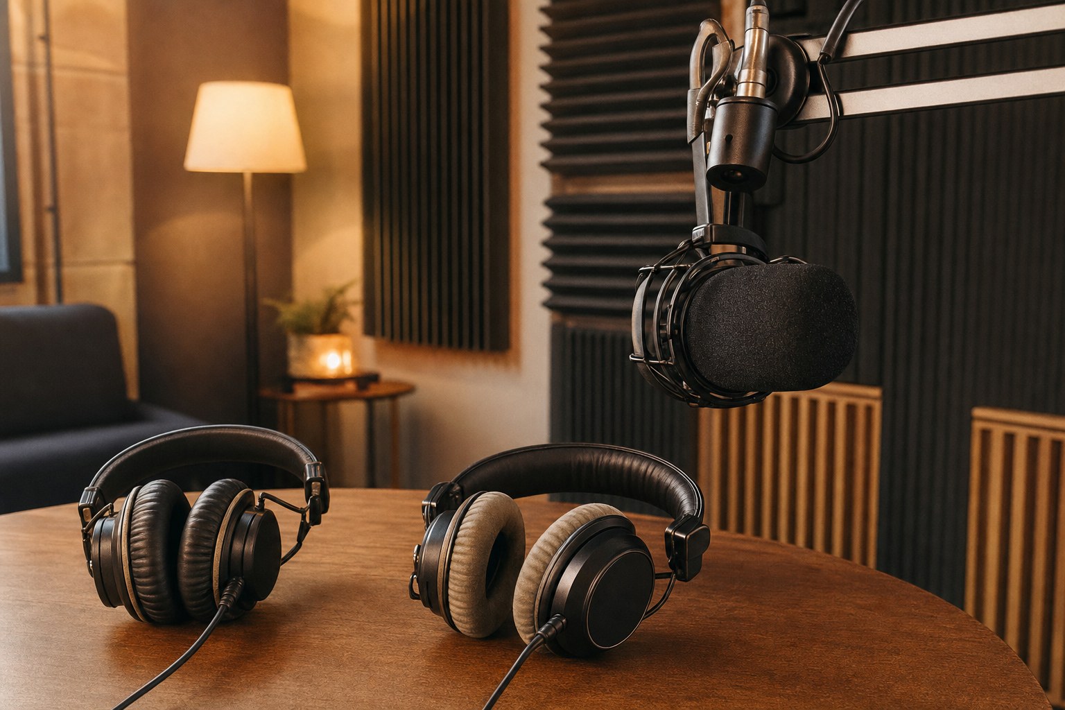 Two pairs of headphones beside a studio microphone, ready for careful listening