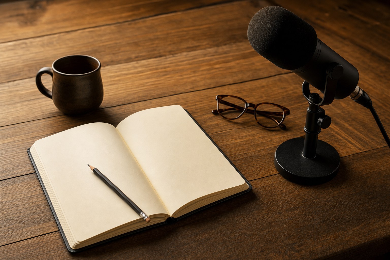 Open notebook, pencil, reading glasses, and microphone prepared for a podcast interview