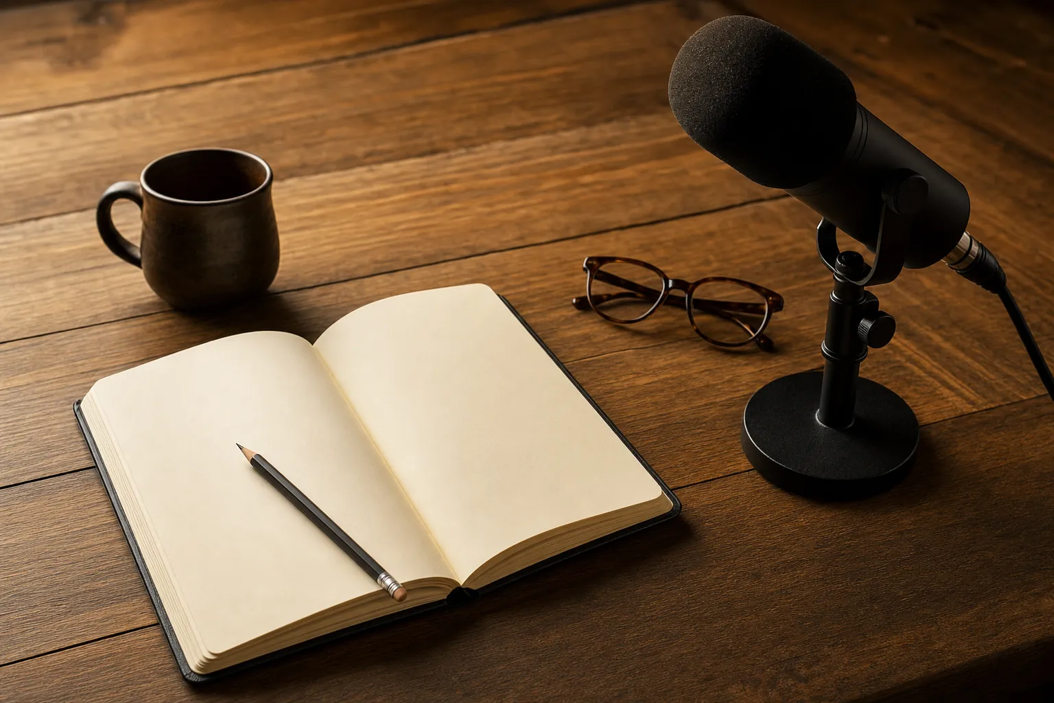 Notebook, microphone, and pencil ready to shape a story before recording