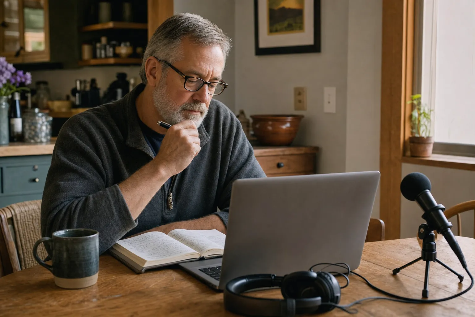 Podcast guest making a few calm notes at a kitchen table before recording
