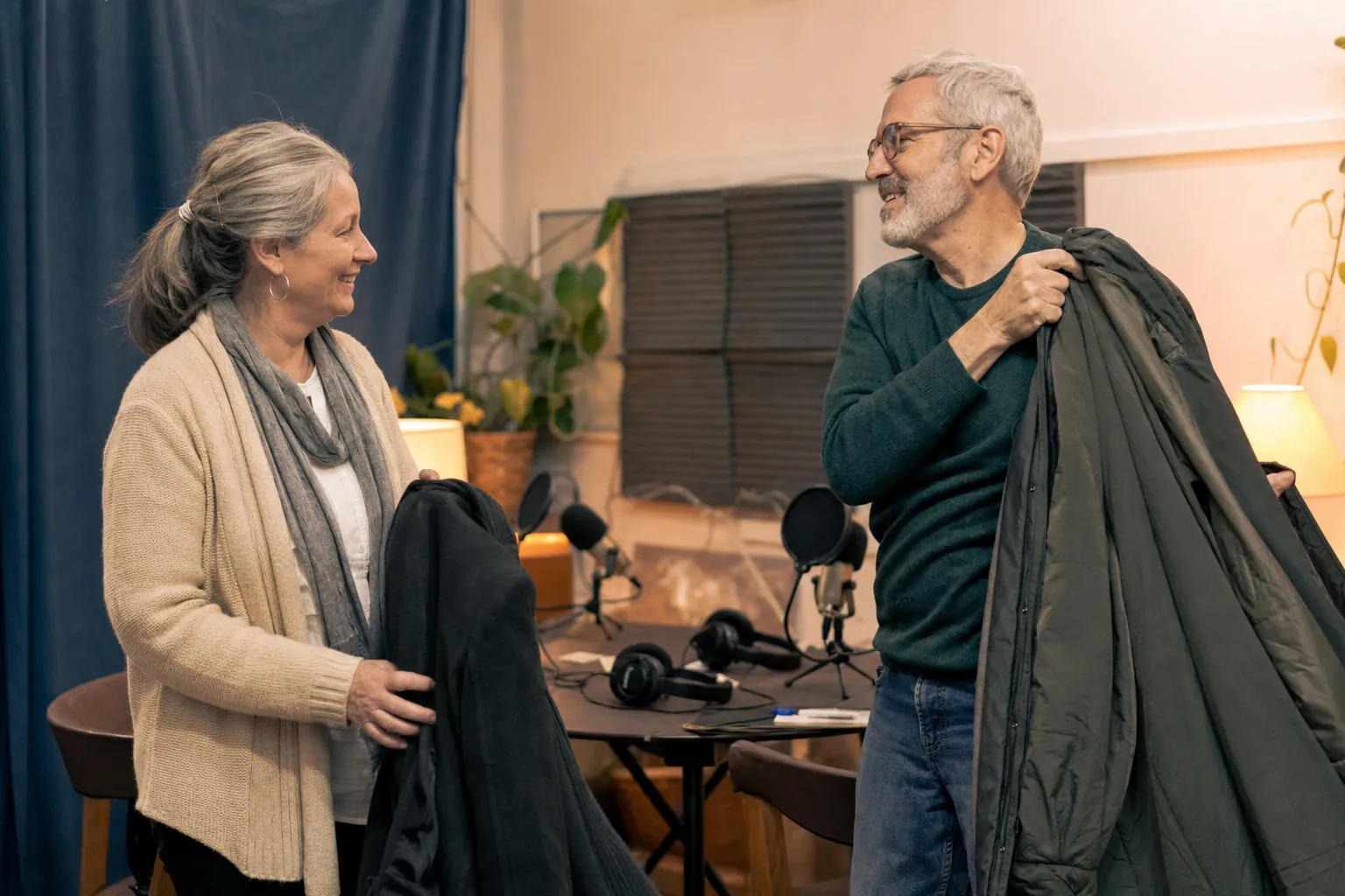 Two guests chatting after a warm, relaxed podcast recording