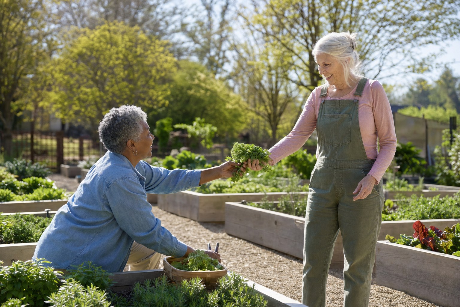 Two friends tending raised garden beds together