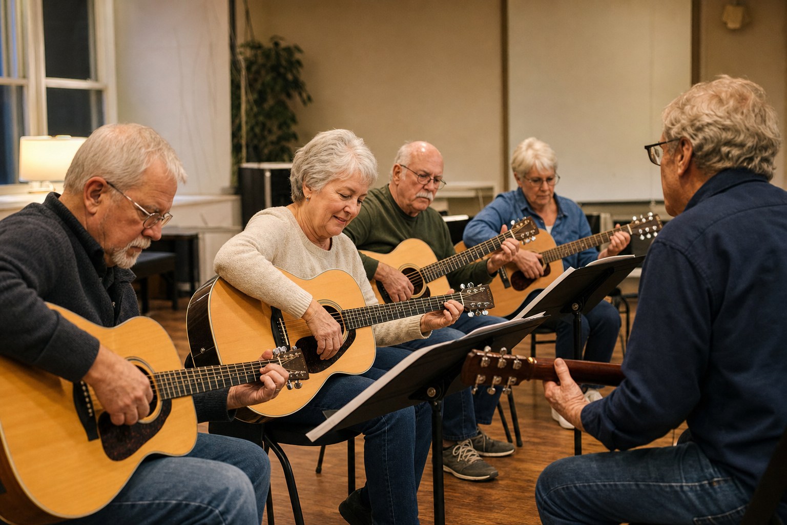 Older adults learning acoustic guitar together in a community class