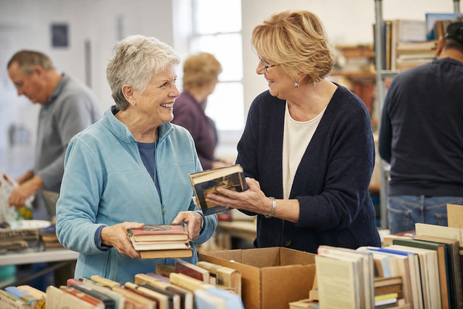 Two women sorting donated books together at a community center