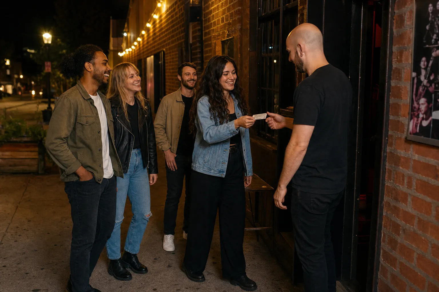 Friends arriving at an independent music venue for a local show