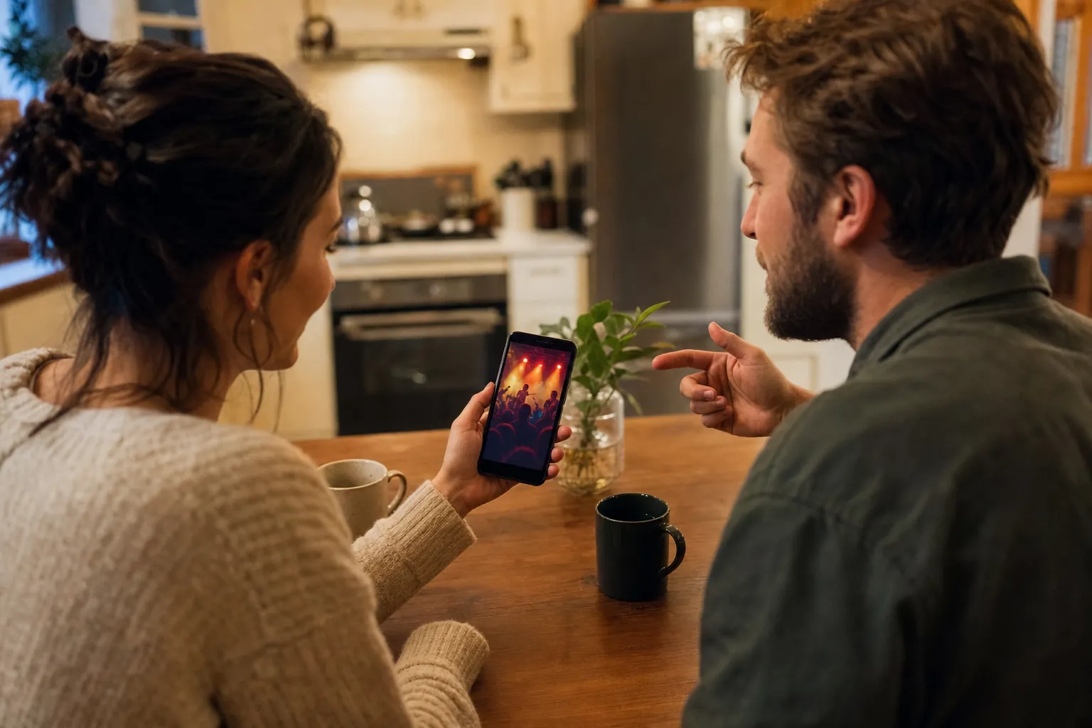 Two friends sharing news of a local music show from a phone at home