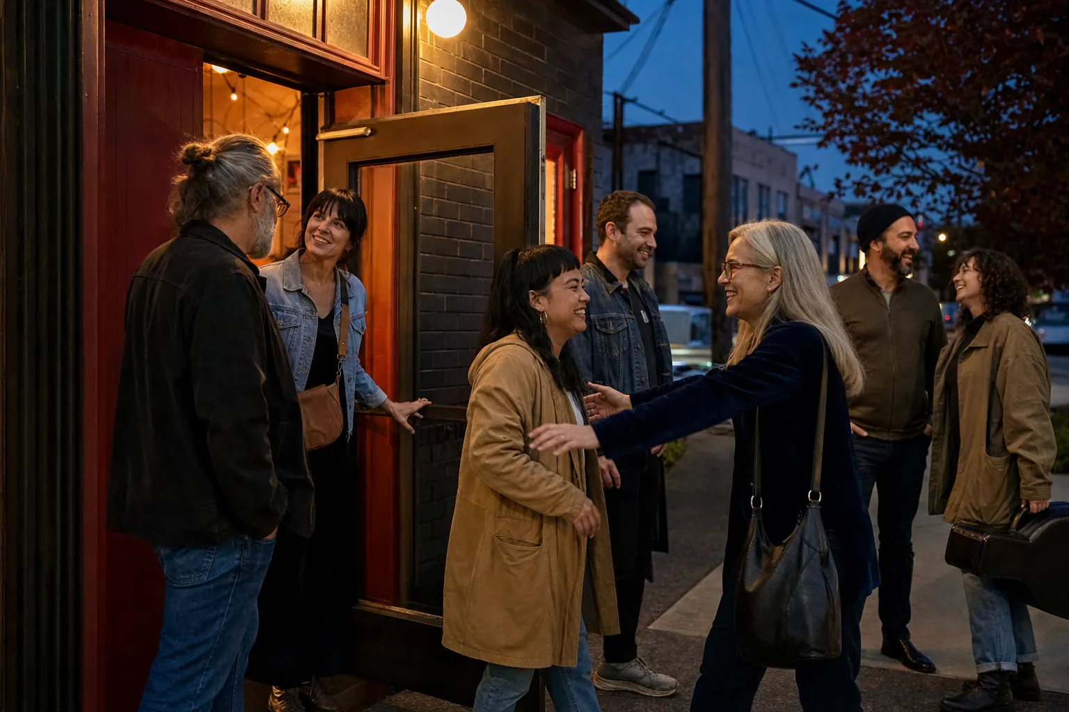 Friends greeting one another outside a local live music venue at dusk