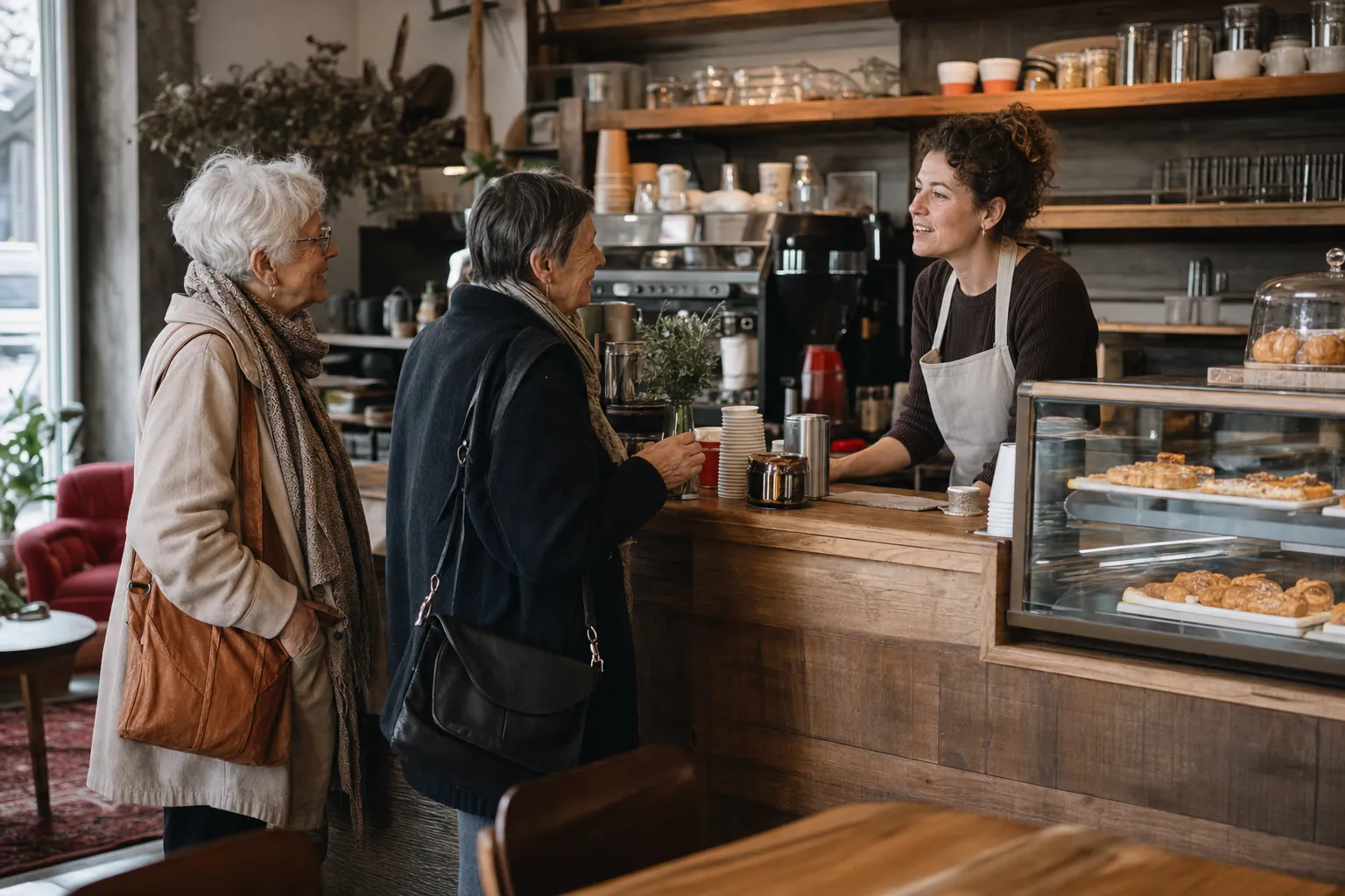 Two older customers talking with a cafe owner at a local coffee counter