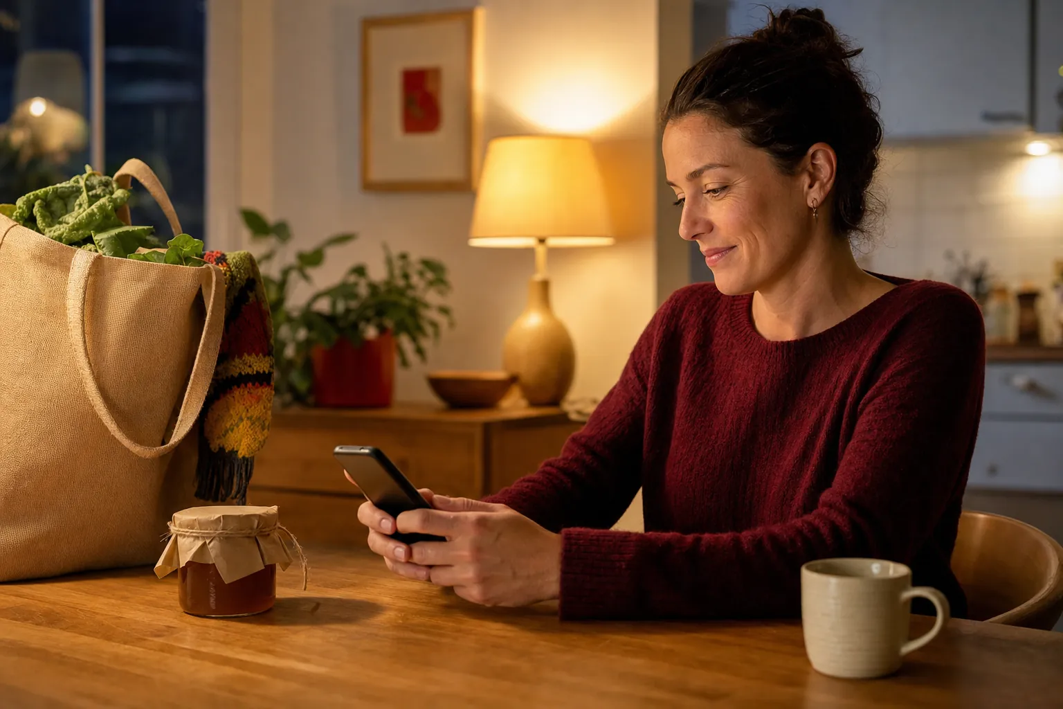 Customer writing a recommendation on her phone after shopping locally