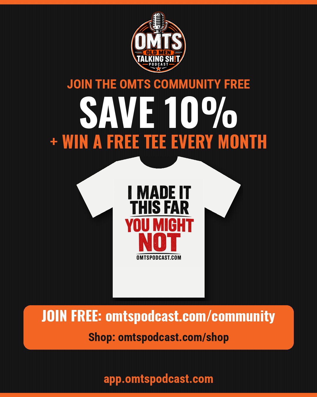 OMTS Community flyer promoting 10% off tees and hats plus a monthly free tee giveaway