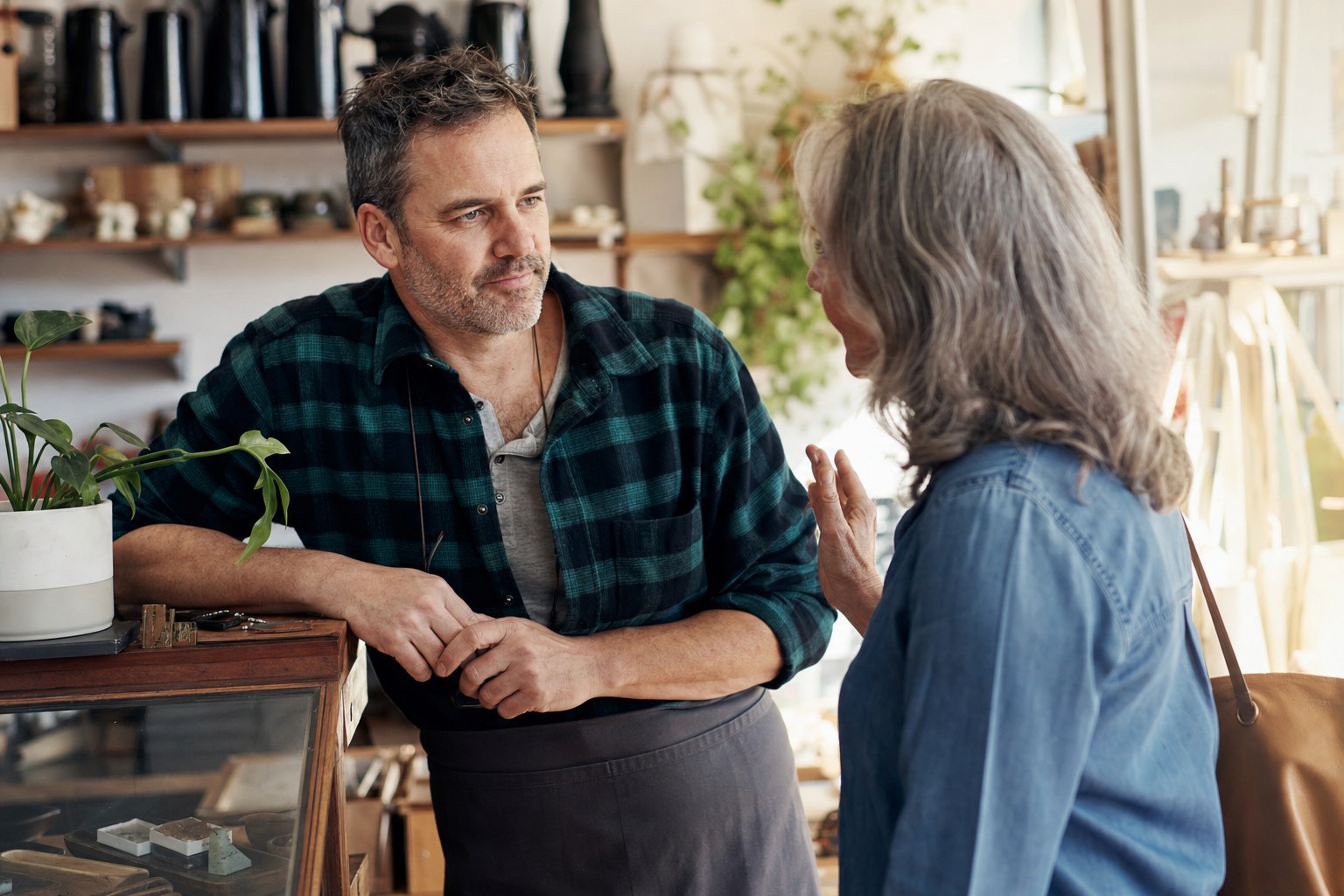 A local business owner listening to a customer in a neighborhood shop