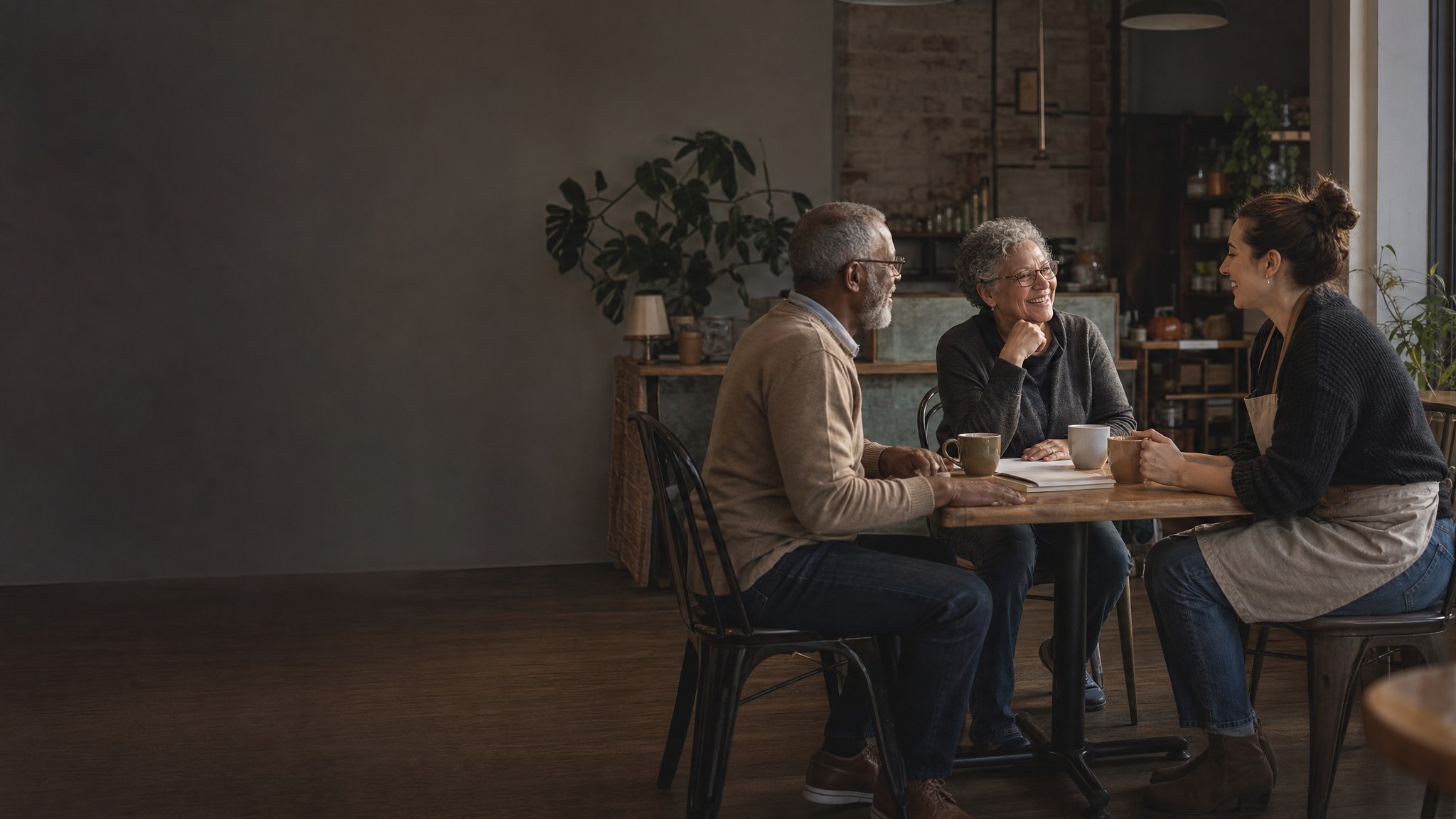 A local business owner talking with two customers over coffee