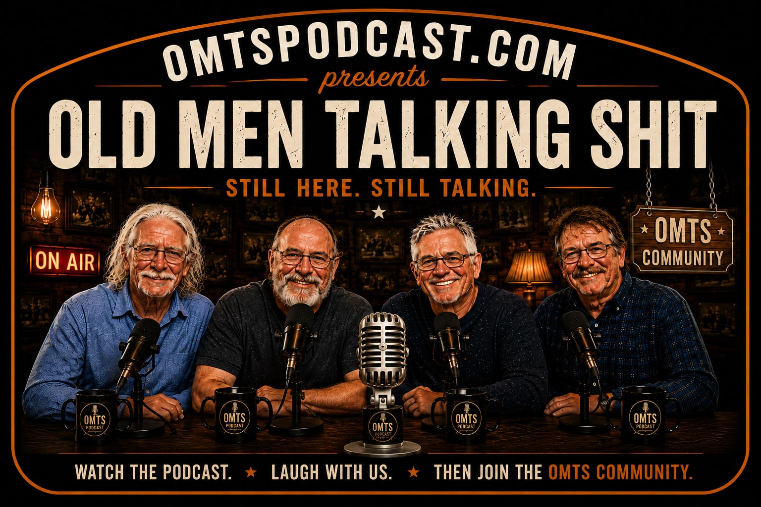 OMTS Podcast hosts gathered around microphones in a warm studio