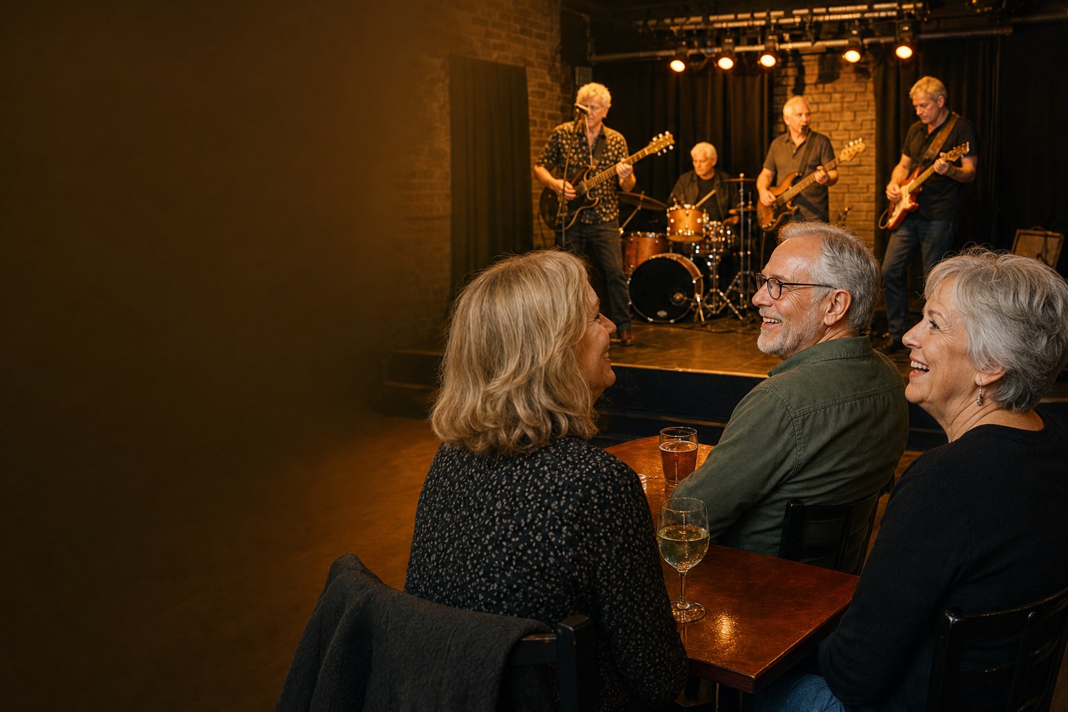 Friends enjoying a live band together at a small music venue