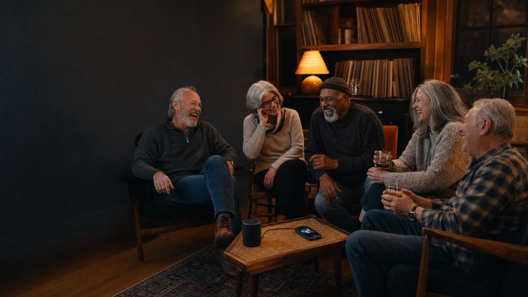 Adults over 50 laughing together while listening to a podcast