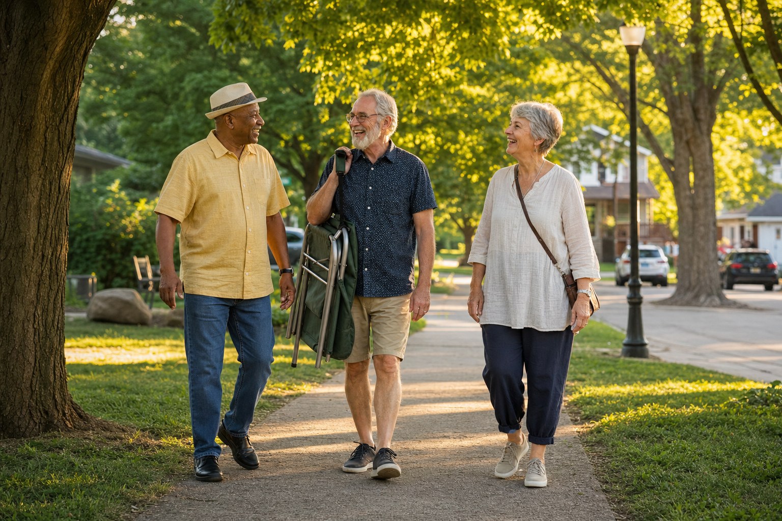 Three friends walking together to a local event