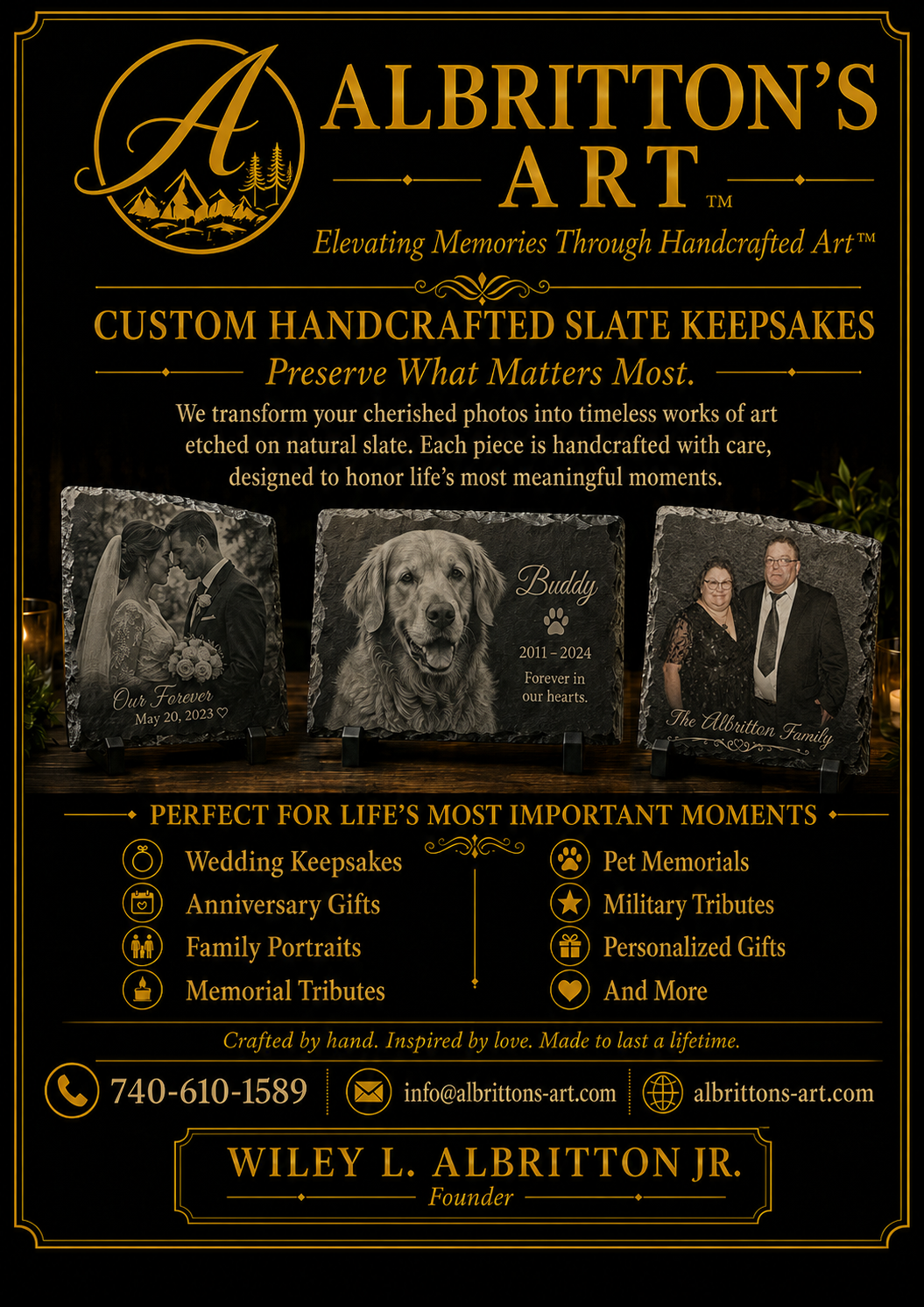 Albritton's Art custom handcrafted slate keepsakes for weddings, memorials, and family portraits