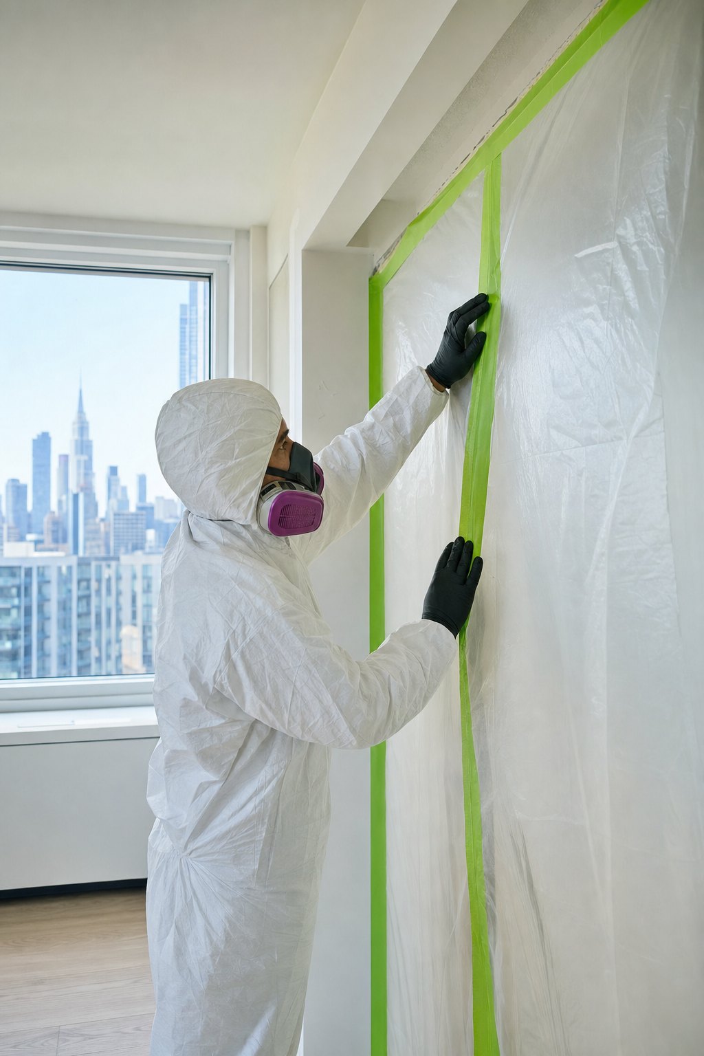Remediation professional sealing a containment barrier in a bright apartment