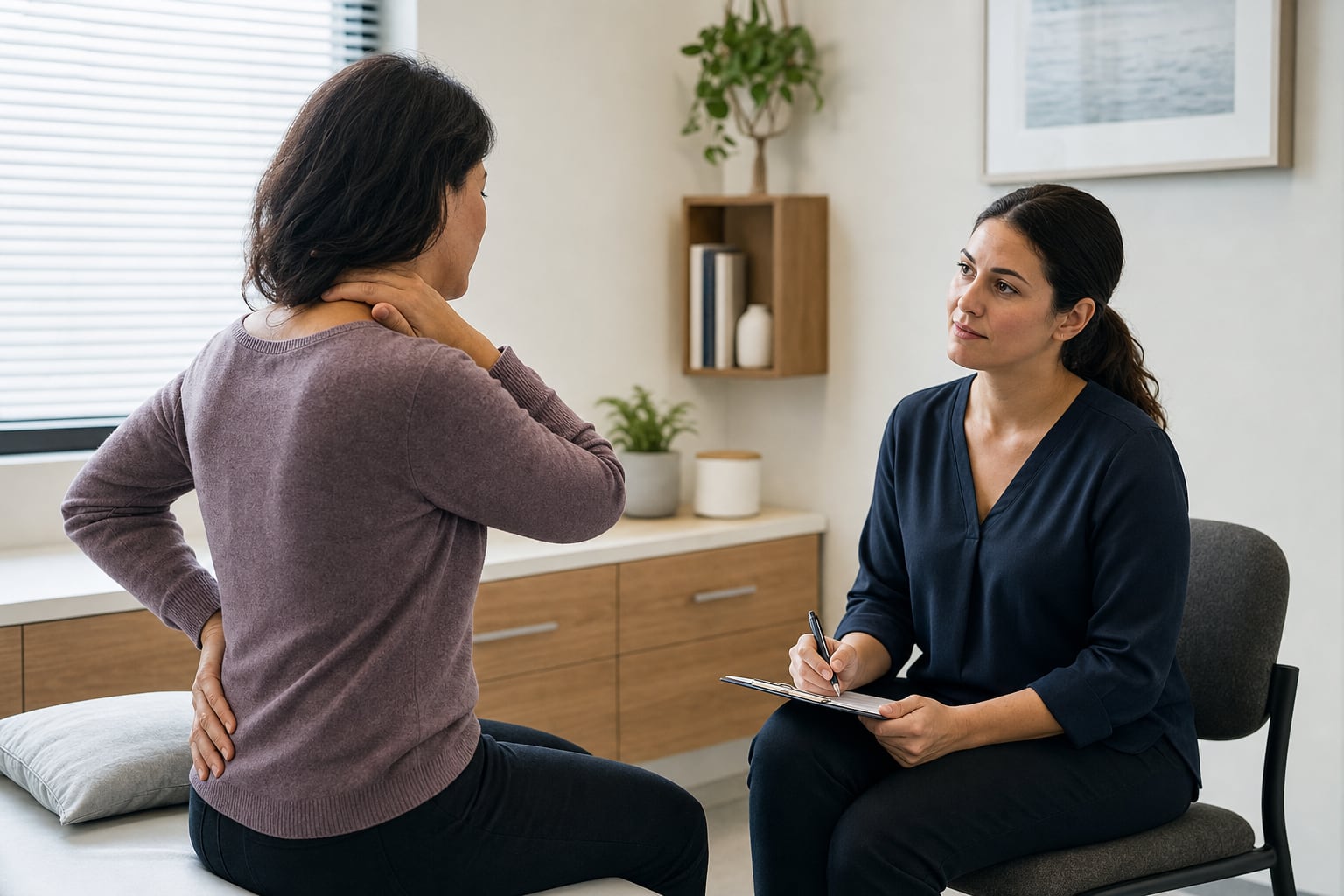Patient discussing neck and back discomfort during a non-emergency evaluation