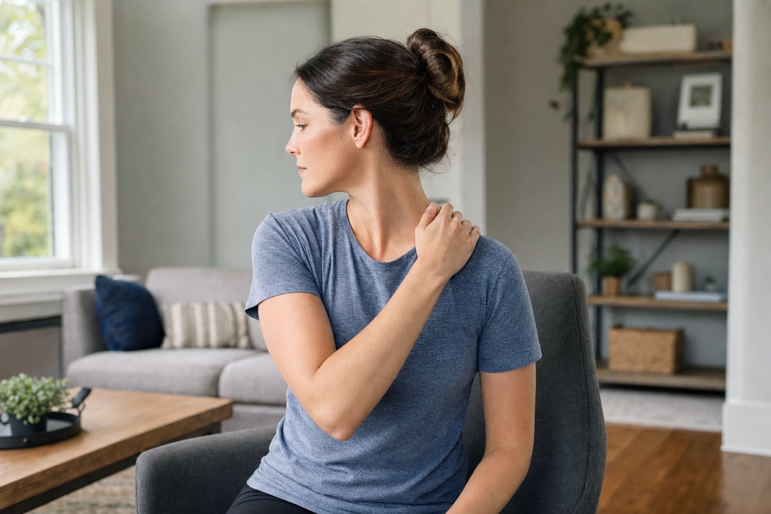 Person carefully checking neck movement at home