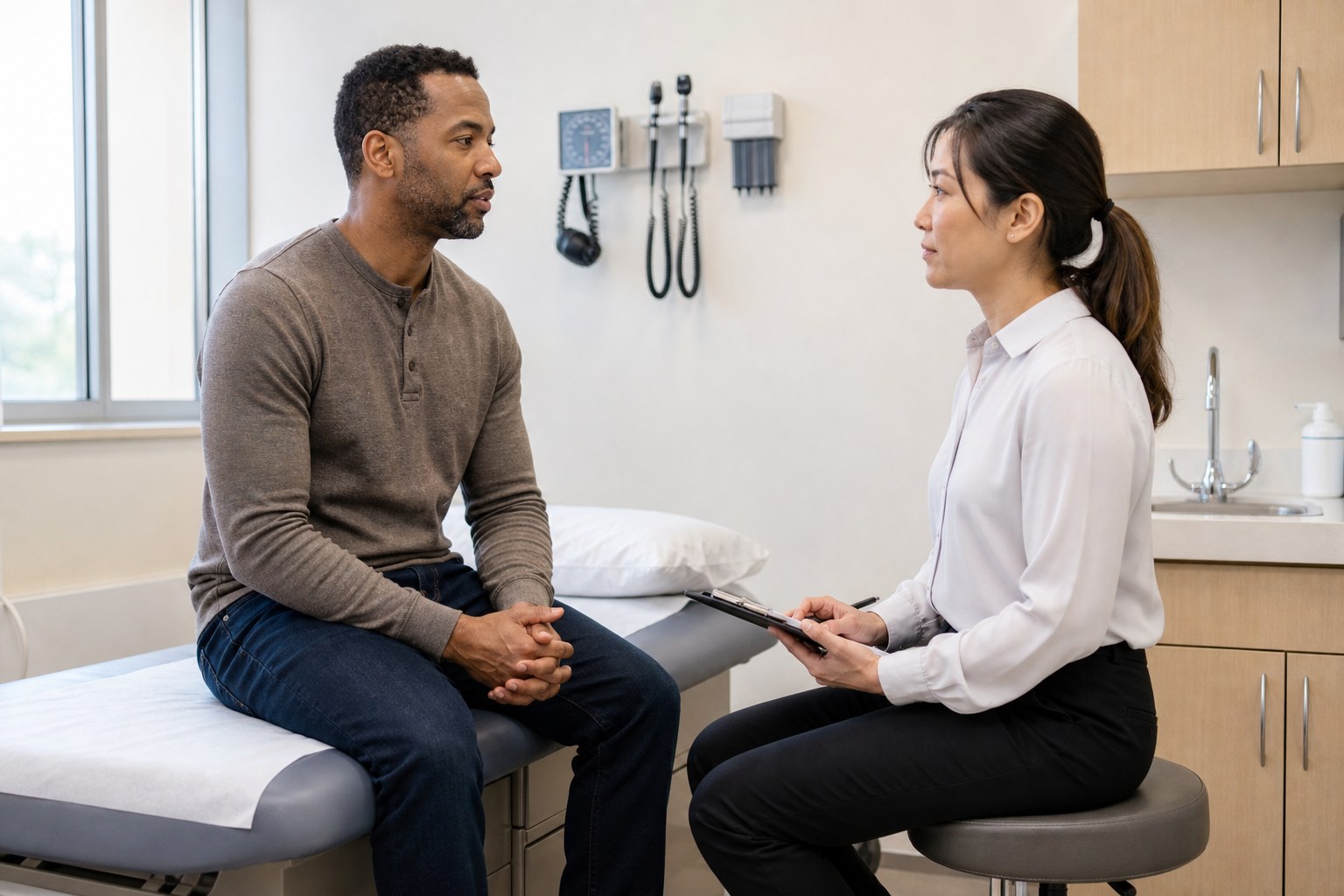 Patient discussing post-accident symptoms with a clinician during an evaluation
