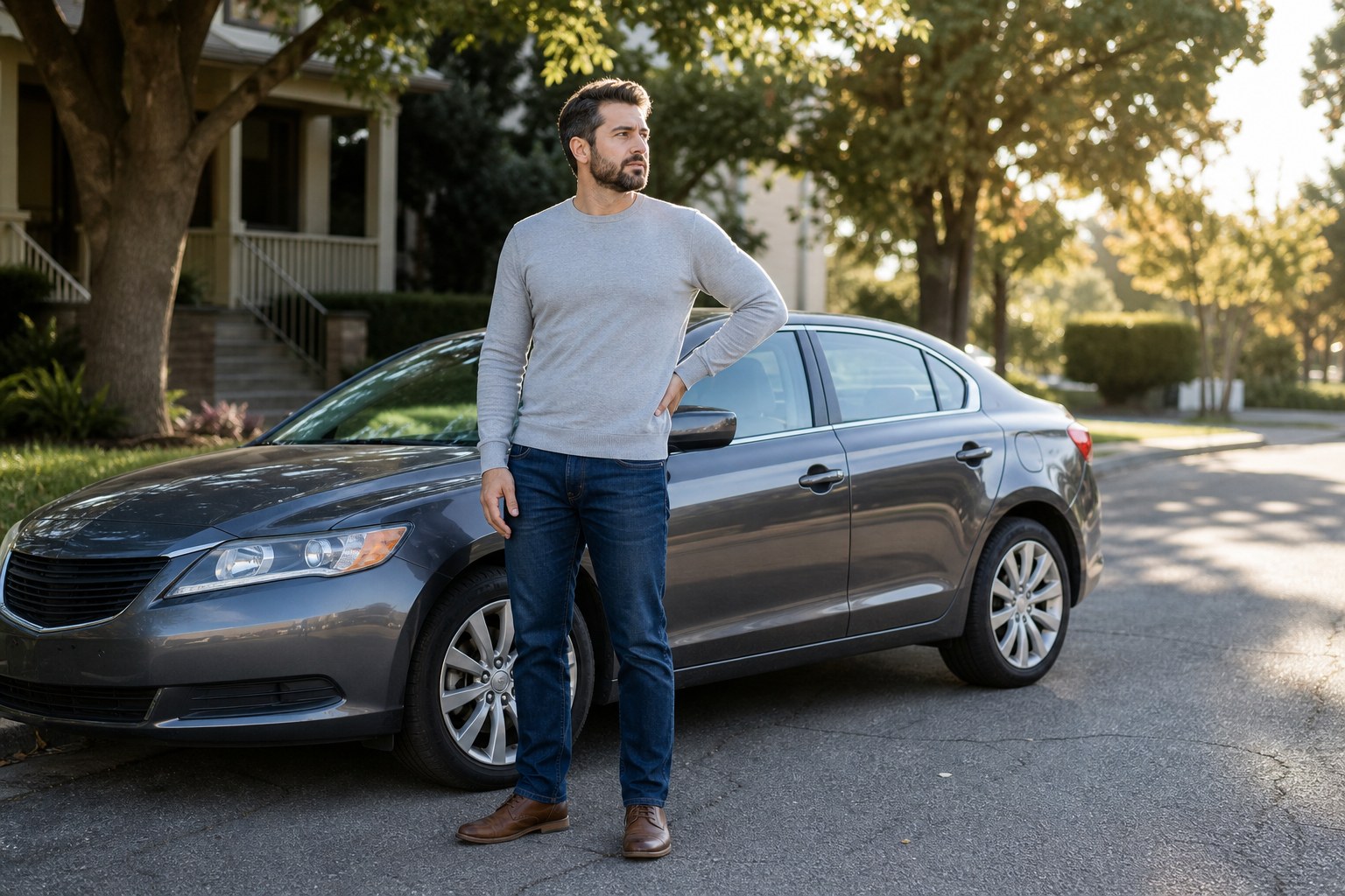 Driver standing beside a parked car with a hand resting on the hip