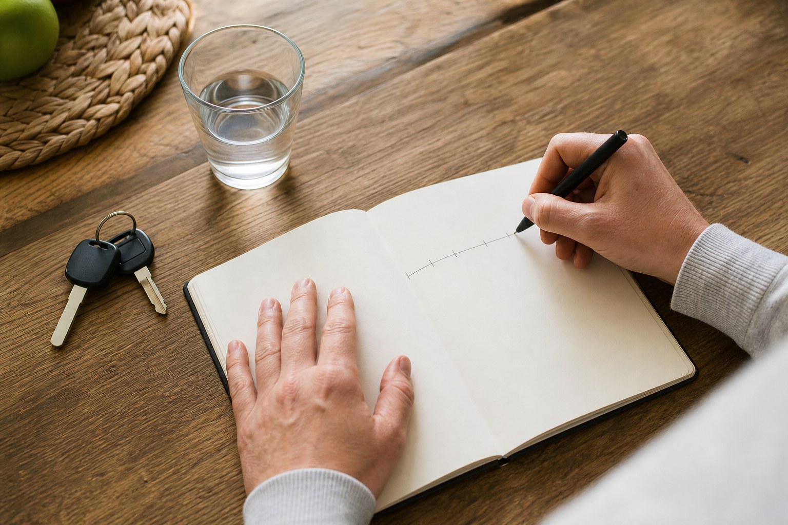 Person recording a simple symptom timeline in a notebook beside car keys