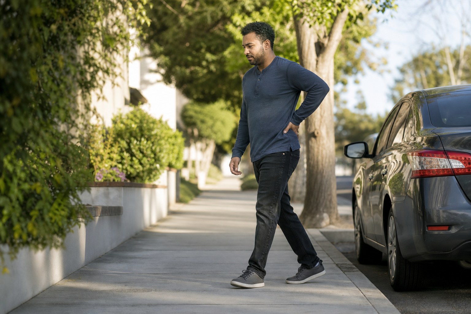 Adult walking carefully near a parked car while holding the side of the hip