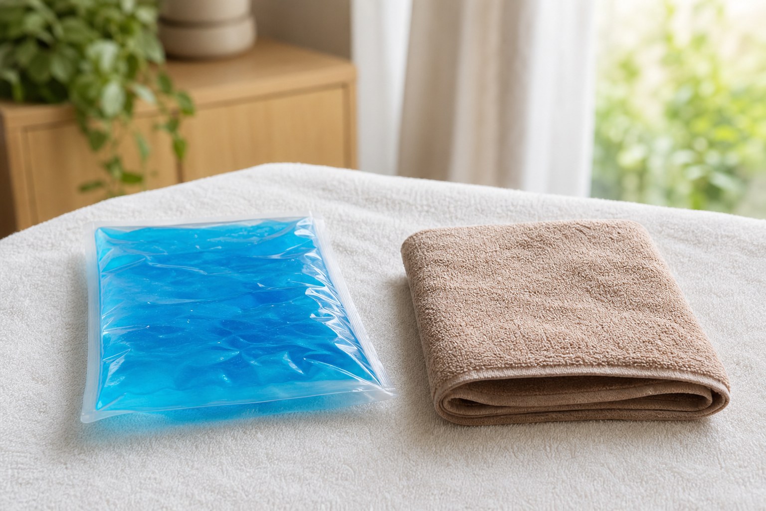 Reusable cold pack and folded warm compress on a towel