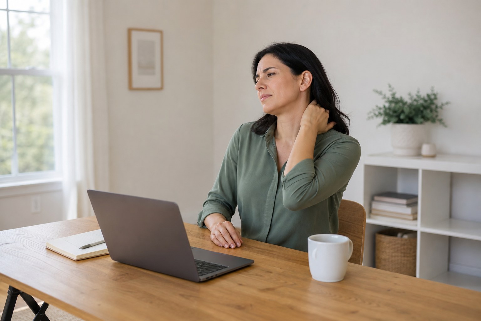 Person pausing from desk work because of neck stiffness