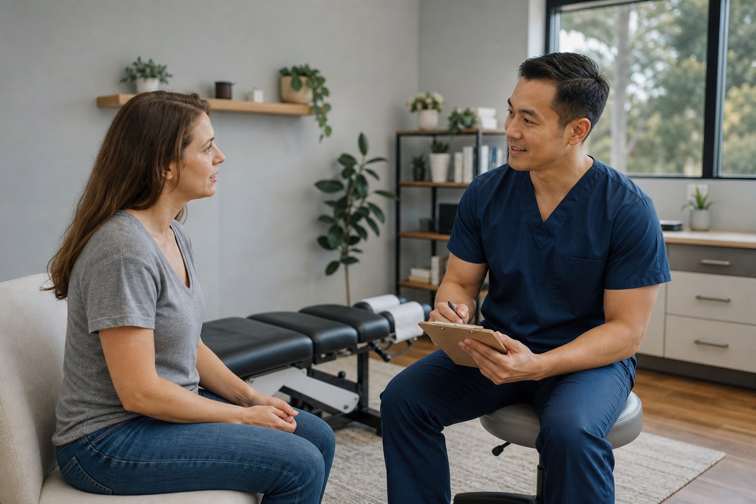 Chiropractor listening to a patient during a neck pain evaluation