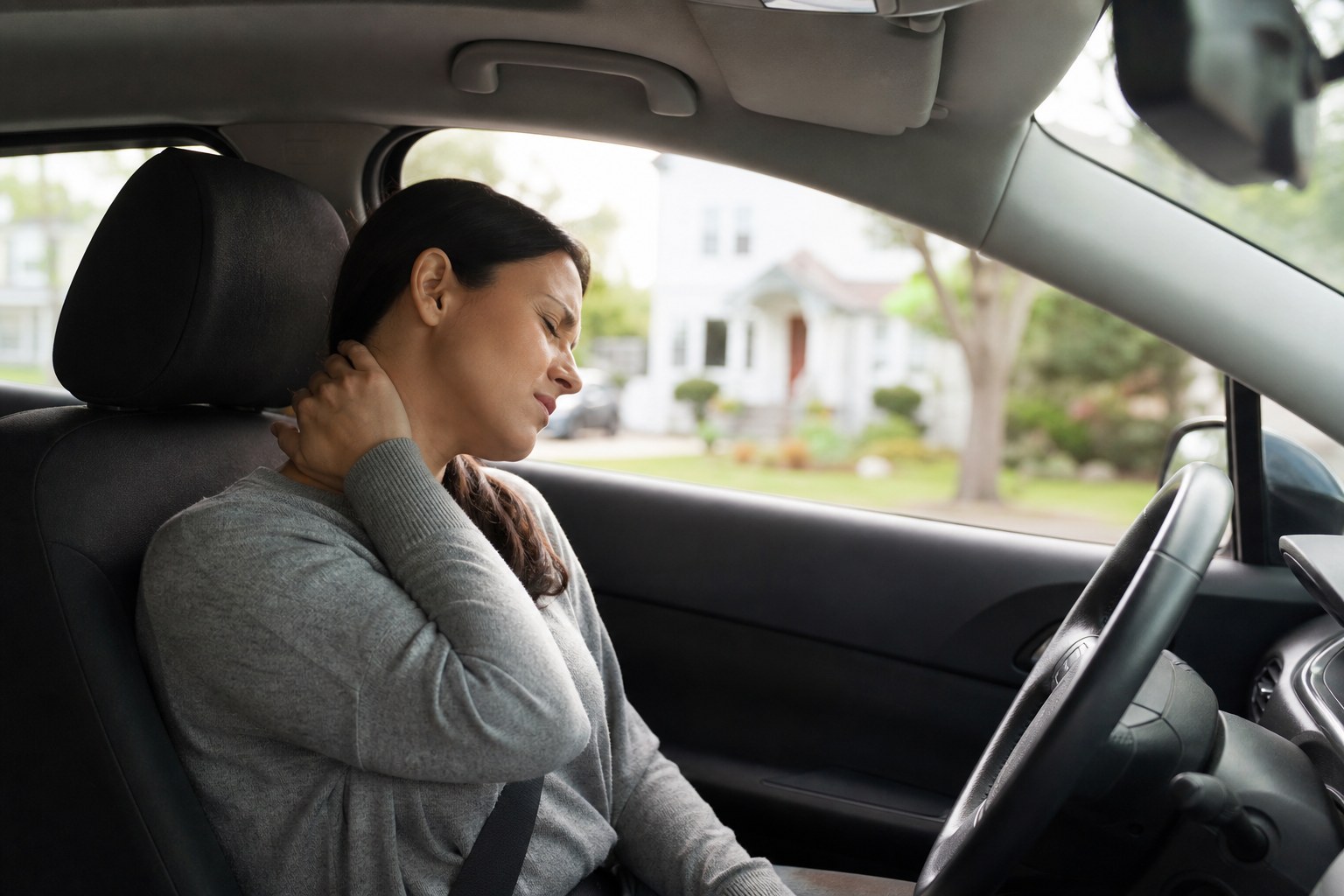 Driver experiencing neck stiffness while seated in a parked car