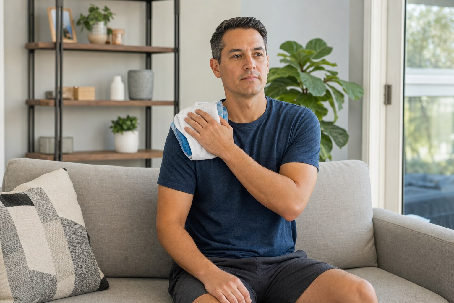 Person resting a wrapped cold pack on a sore shoulder at home