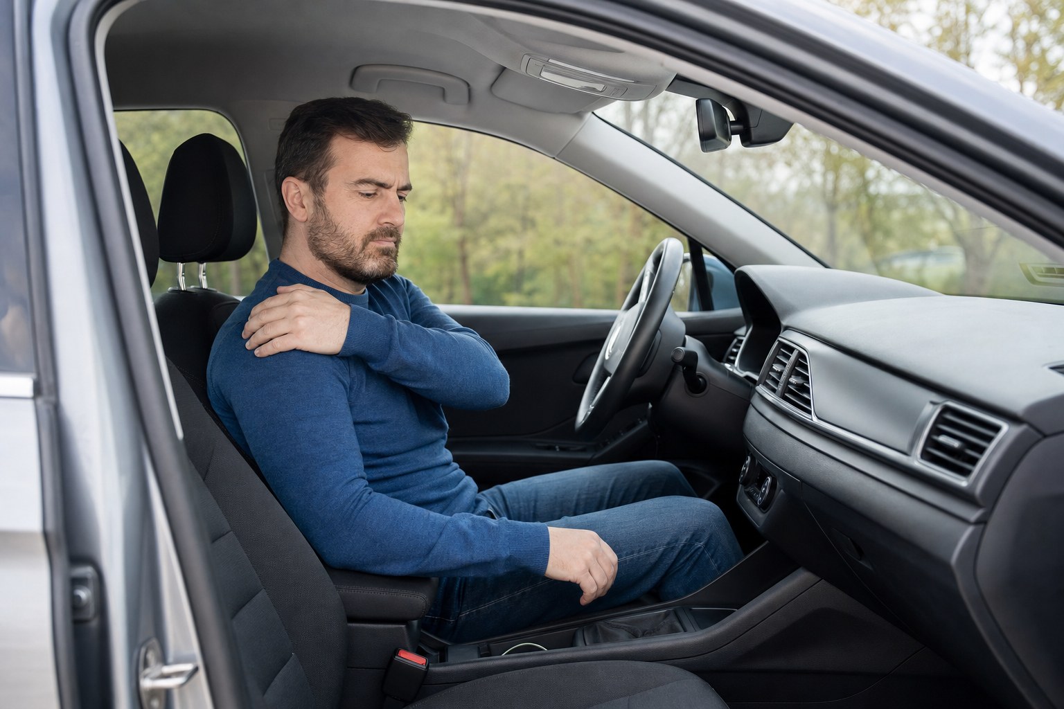 Driver resting a hand on a sore shoulder while seated in a parked car