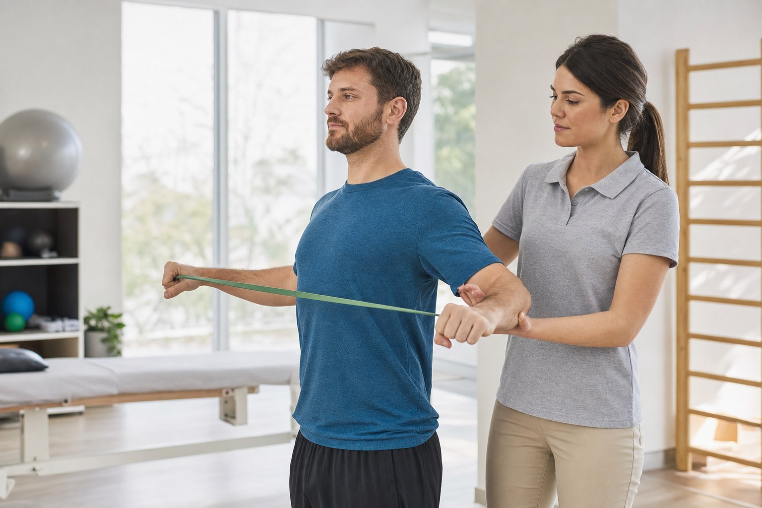 Patient performing a gentle shoulder exercise with professional guidance