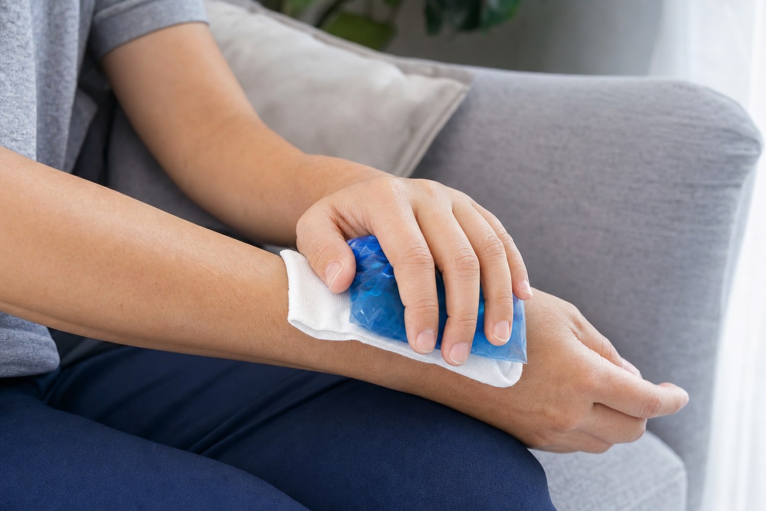 Person resting a wrapped cold pack on a sore wrist at home