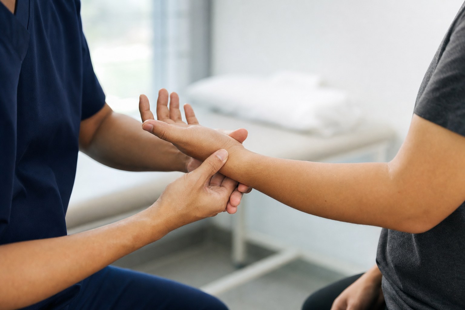 Clinician performing a gentle wrist evaluation in a treatment room
