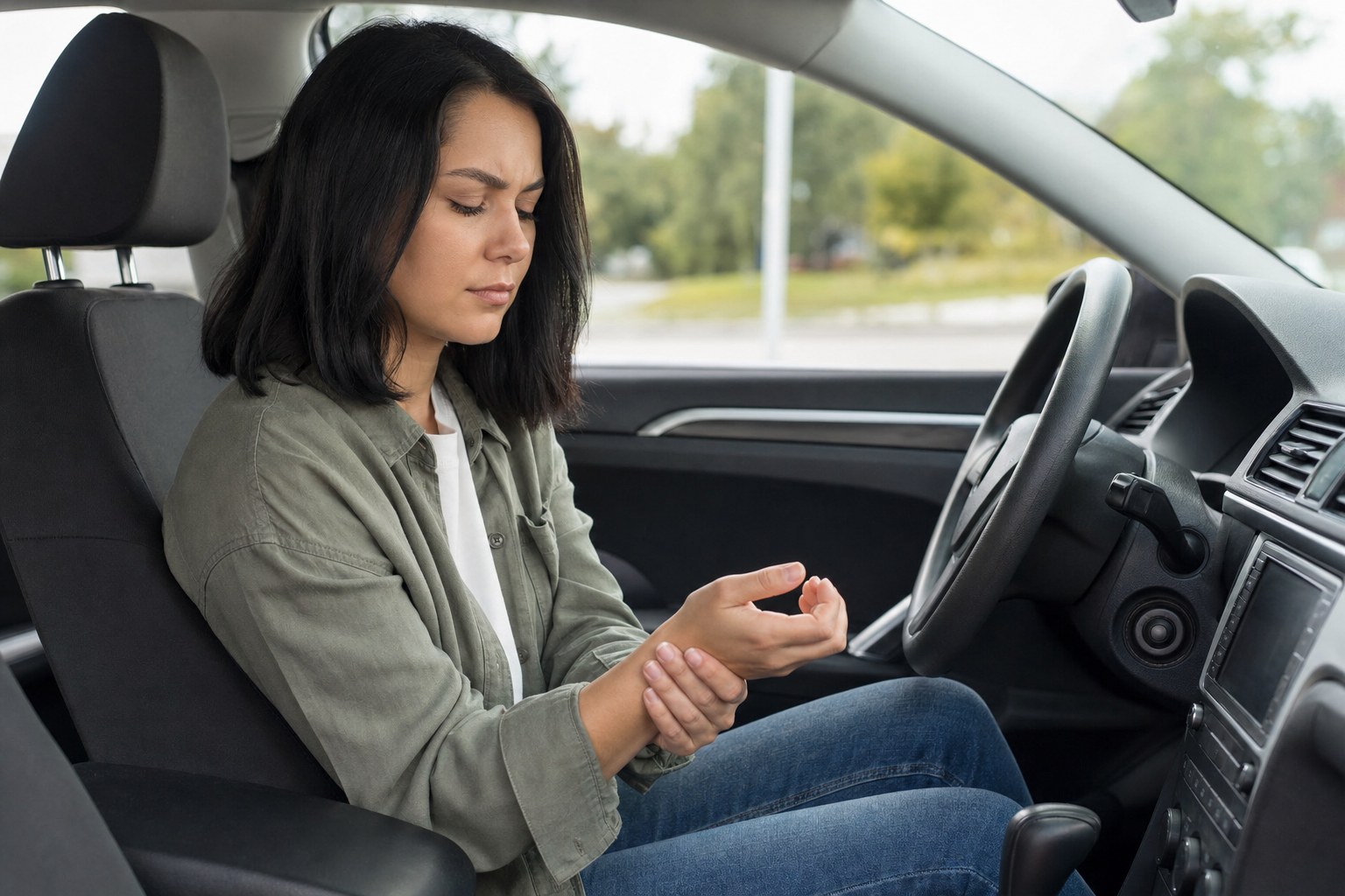 Driver gently supporting a sore wrist while seated in a parked car
