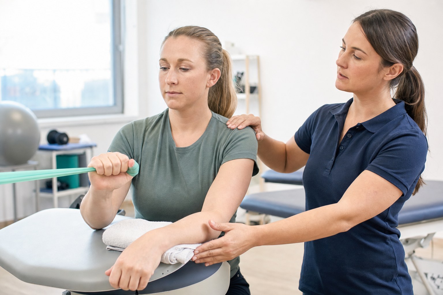 Patient performing a gentle wrist rehabilitation exercise with clinician guidance
